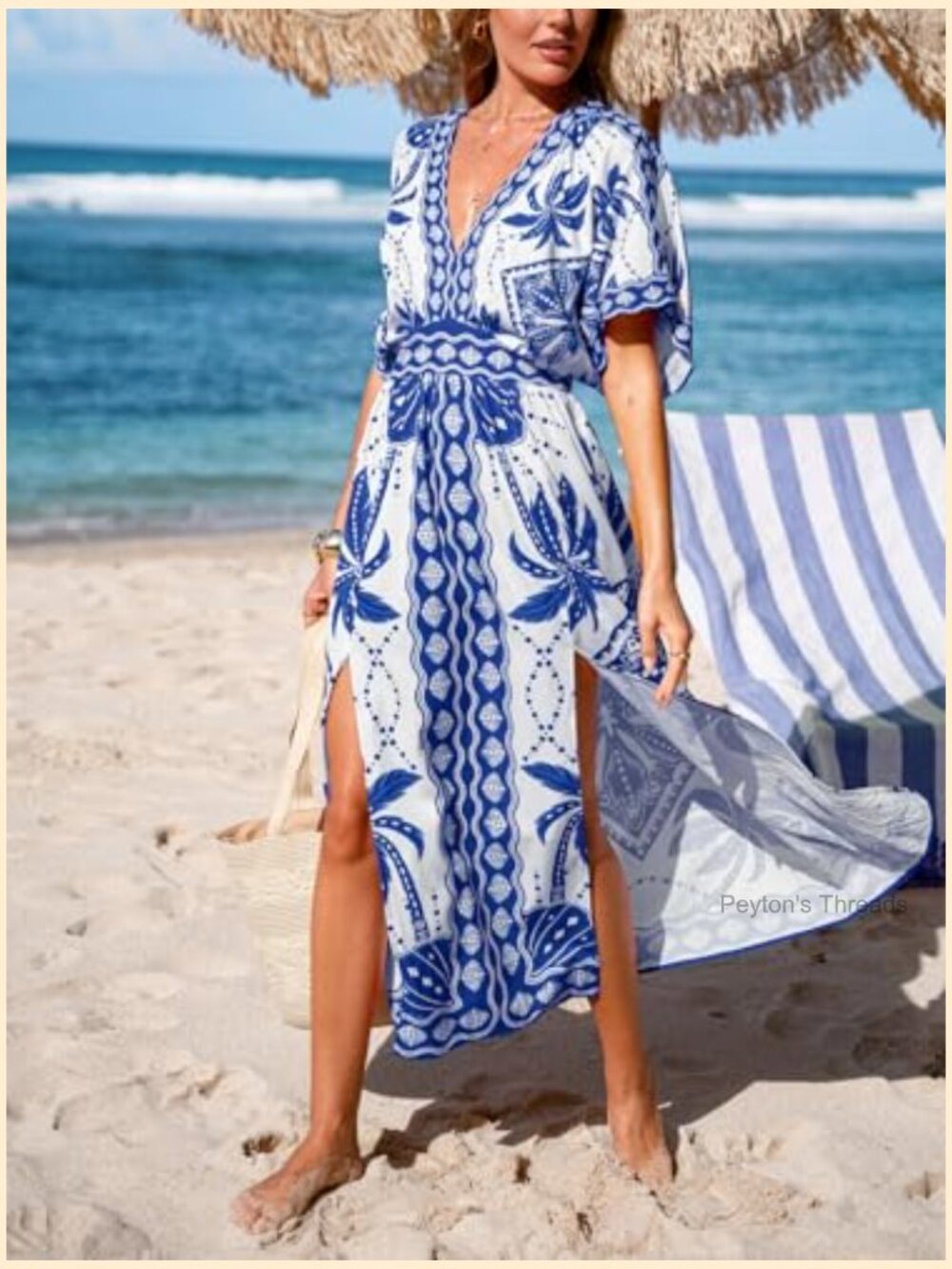 Tropical Floral Maxi Dress with Pockets V Neck Short Sleeve Smocked Slit Dress - Picture 4 of 7